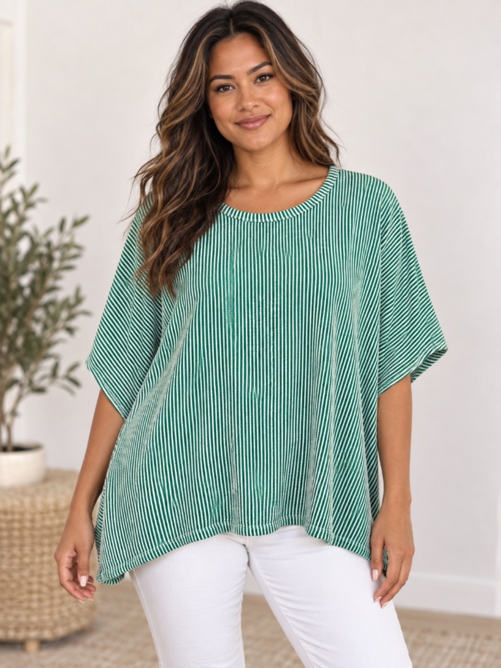 Zenana Ribbed Striped Oversized Short Sleeve Top